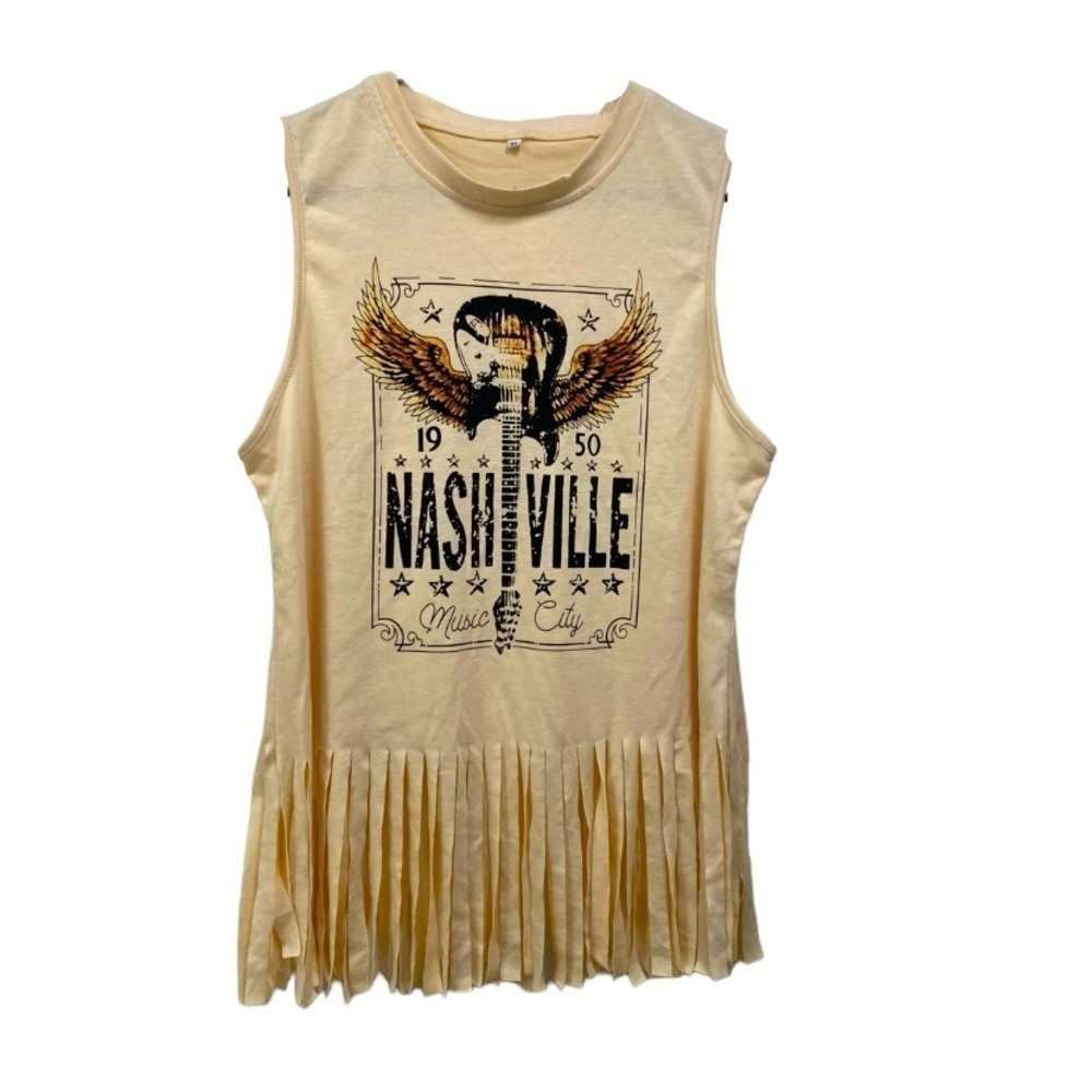 Nashville ivory tshirt w fringe at bottom sleeveless size medium
